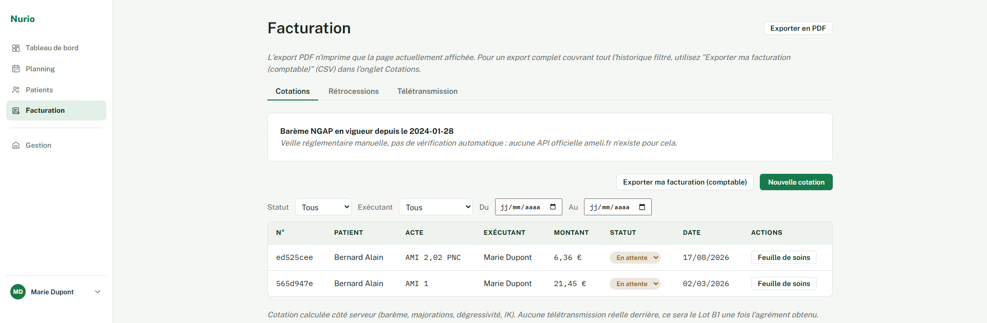Écran de facturation Nurio listant des cotations NGAP avec montant, exécutant et statut